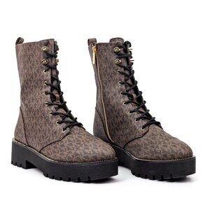 Michael Kors Women Bryce MK Logo Platform Stud Zip Lace-up Combat Boots sz 9